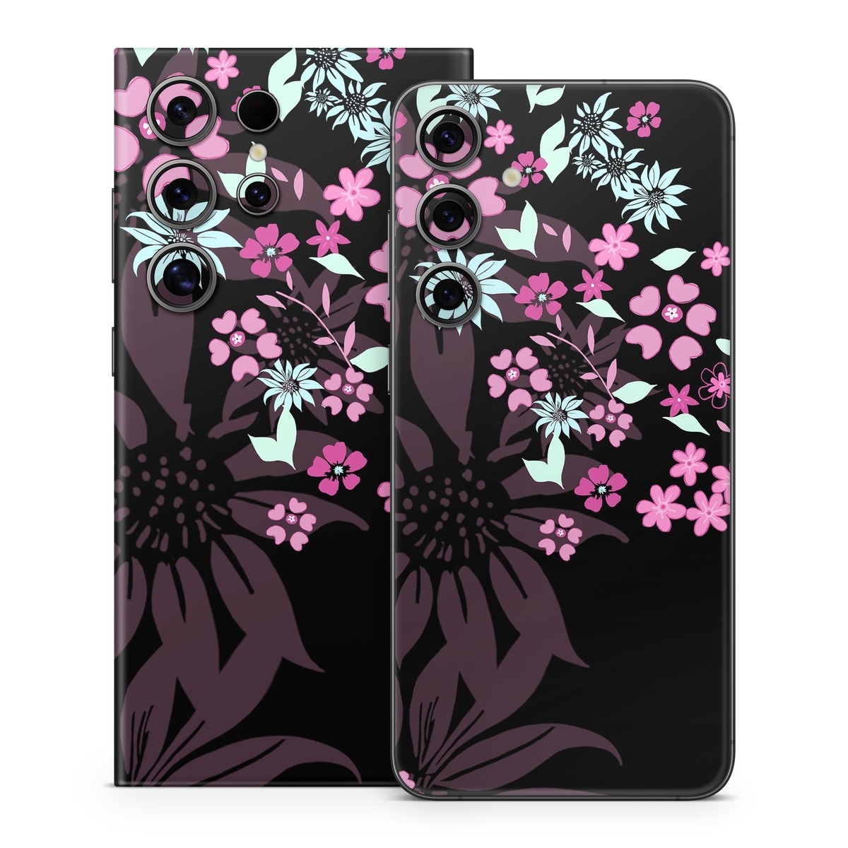 Samsung Galaxy S24 Series Skin design of Pink, Pattern, Flower, Plant, Botany, Petal, Floral design, Design, Pedicel, Graphic design, with black, gray, purple, green, red, pink colors
