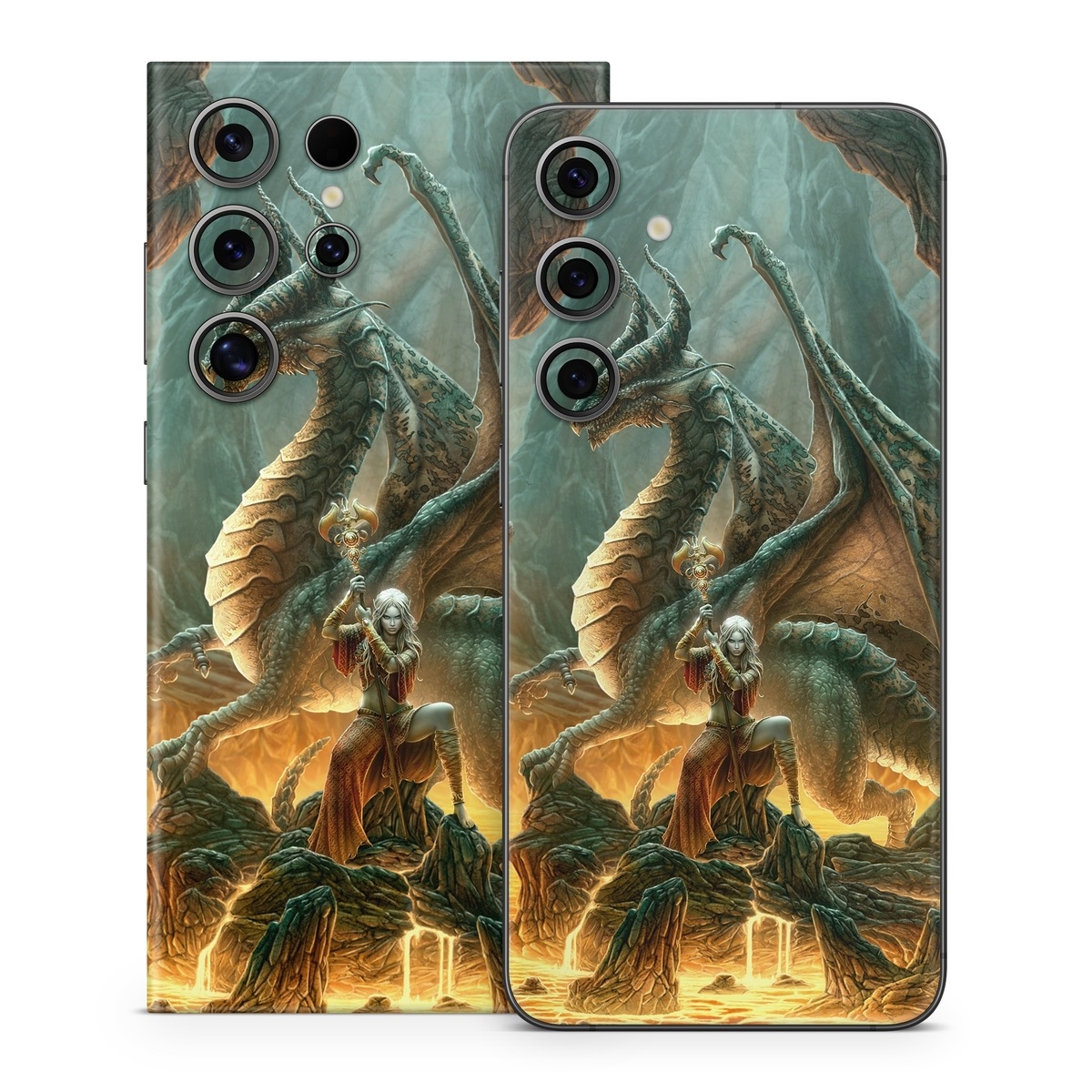 Samsung Galaxy S24 Series Skin design of Dragon, Cg artwork, Mythology, Fictional character, Mythical creature, Art, Illustration, Cryptid, Sculpture, Demon, with black, green, red, gray, blue colors