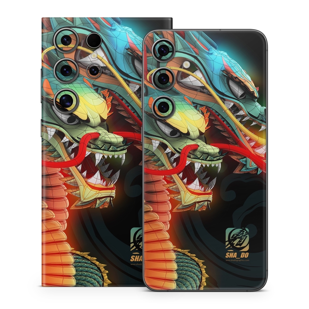 Samsung Galaxy S24 Series Skin design of Dragon, Fictional character, Illustration, Art, Cg artwork, Fiction, Mythical creature, Graphics, with black, green, red, yellow, orange colors