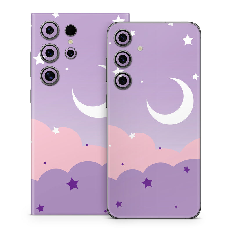 Samsung Galaxy S24 Series Skin design of Astronomical object, Pink, Star, Purple, Crescent, Moon, Graphics, Animation, Wallpaper, Graphic design, with purple, white colors