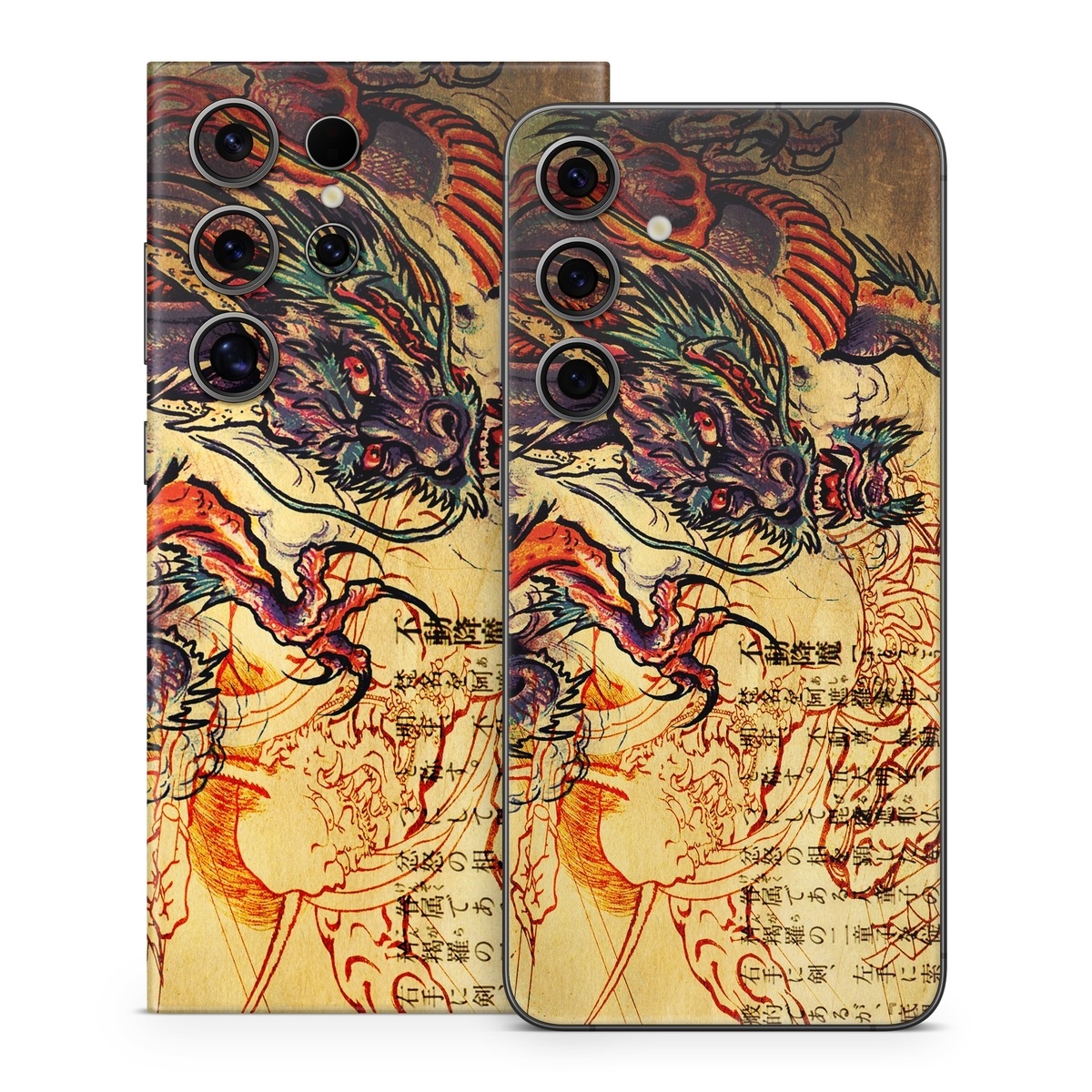 Samsung Galaxy S24 Series Skin design of Illustration, Fictional character, Art, Demon, Drawing, Visual arts, Dragon, Supernatural creature, Mythical creature, Mythology, with black, green, red, gray, pink, orange colors