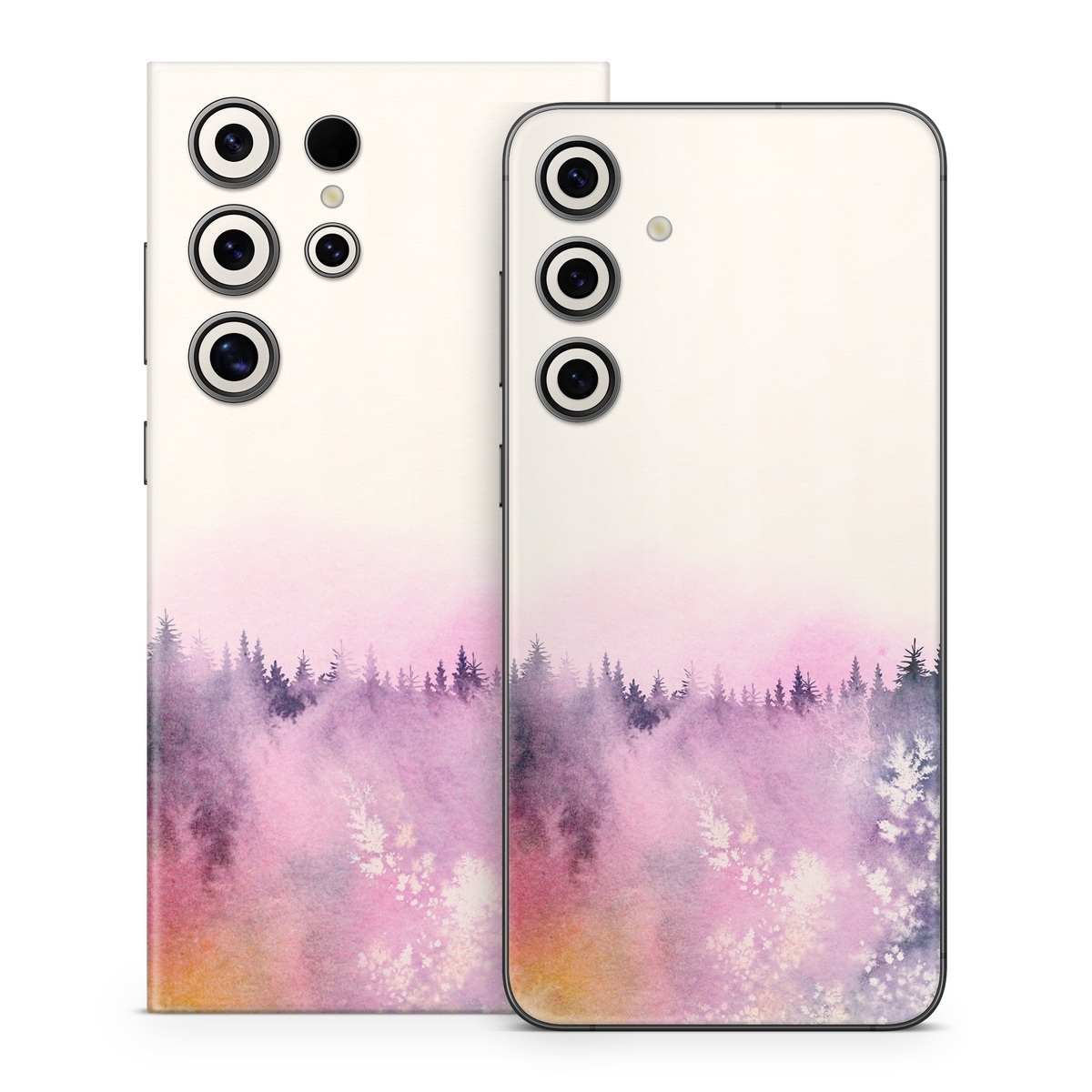 Samsung Galaxy S24 Series Skin design of Watercolor paint, Sky, Atmospheric phenomenon, Tree, Atmosphere, Cloud, Landscape, Forest, Painting, Illustration, with white, yellow, pink, purple, blue, black colors