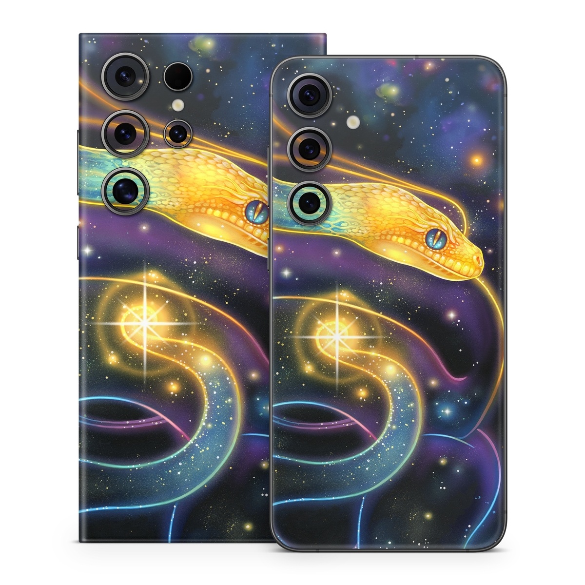 Samsung Galaxy S24 Series Skin design of Atmosphere, Light, Organism, Art, Font, Astronomical object, Galaxy, Star, Science, Nebula, with black, white, yellow, orange, green, purple colors