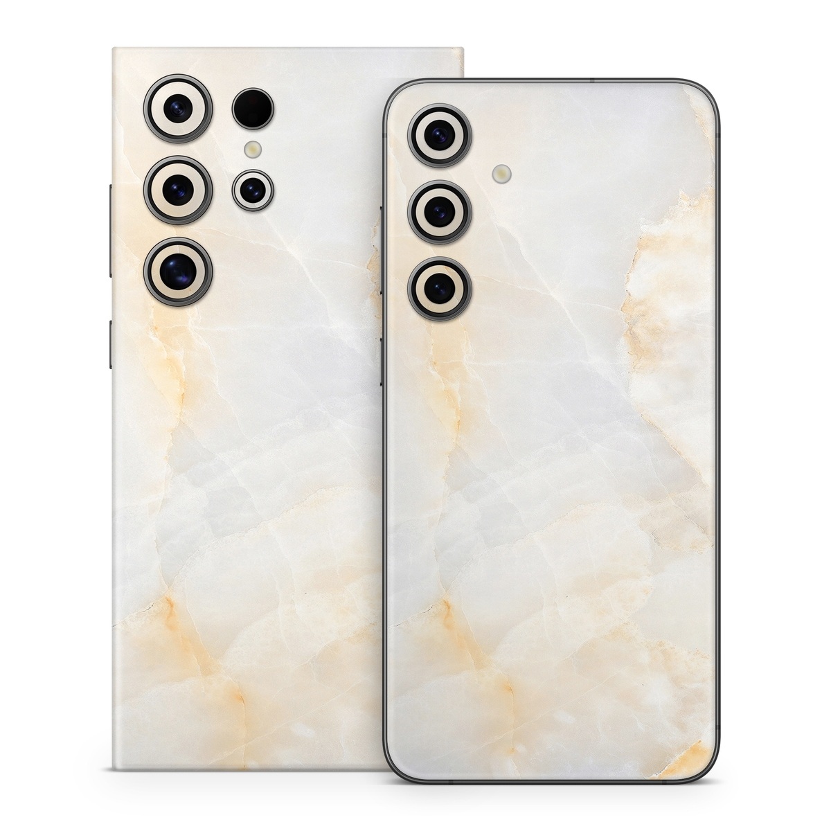 Samsung Galaxy S24 Series Skin design of White, Textile, Flooring, Marble, Paper, Pattern, Fashion accessory, Tile, with white, orange, black, yellow colors