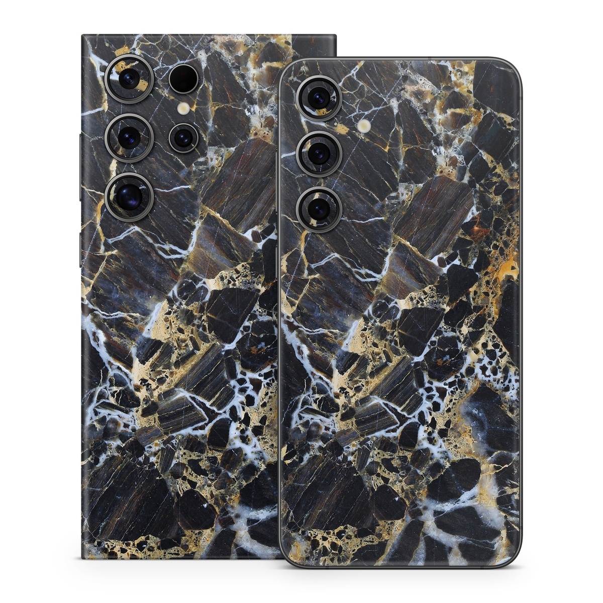 Samsung Galaxy S24 Series Skin design of Black, Yellow, Rock, Brown, Marble, Water, Close-up, Granite, Pattern, Geology, with black, white, orange, gray, yellow colors
