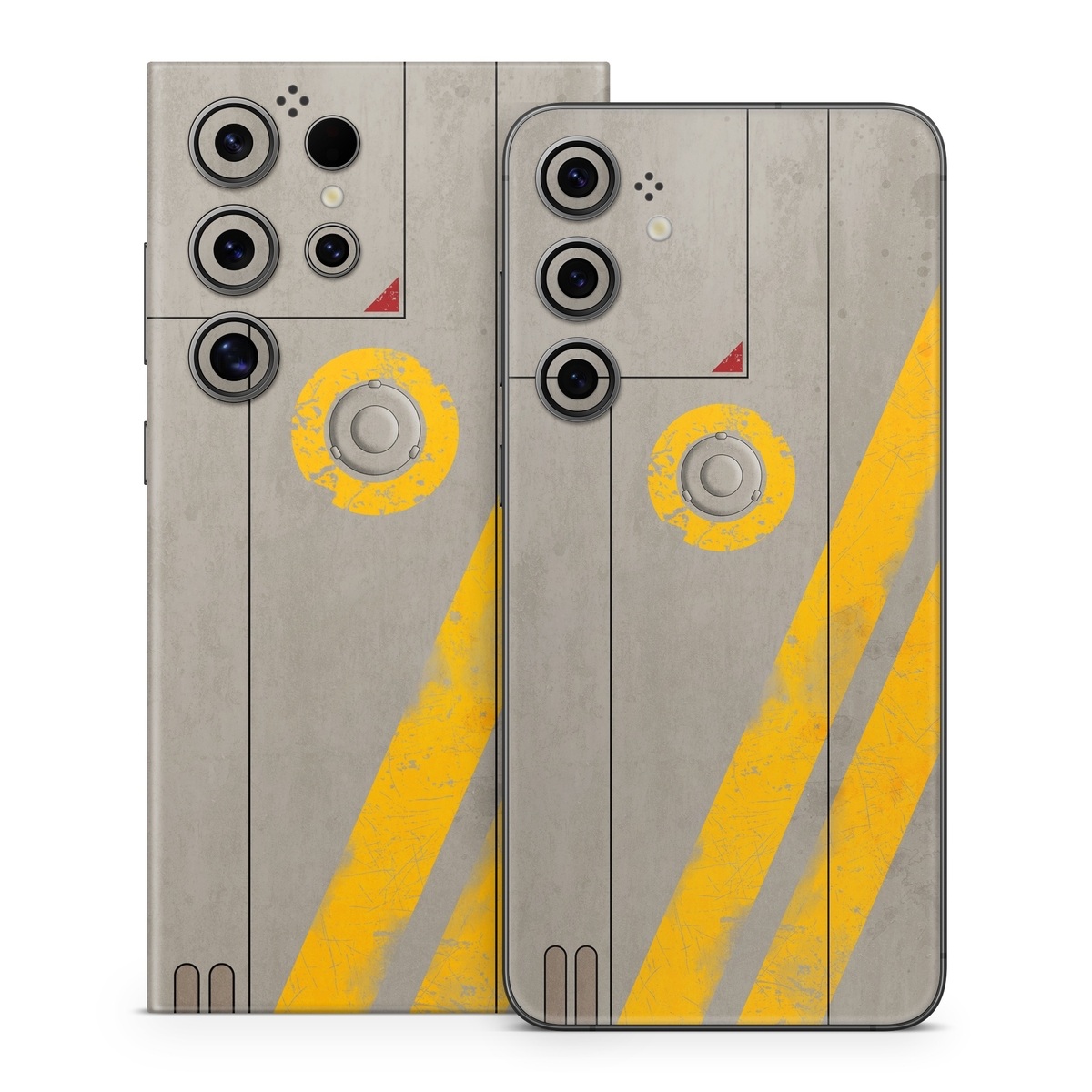 Samsung Galaxy S24 Series Skin design of Yellow, Wall, Line, Orange, Design, Concrete, Font, Architecture, Parallel, Wood, with gray, yellow, red, black colors