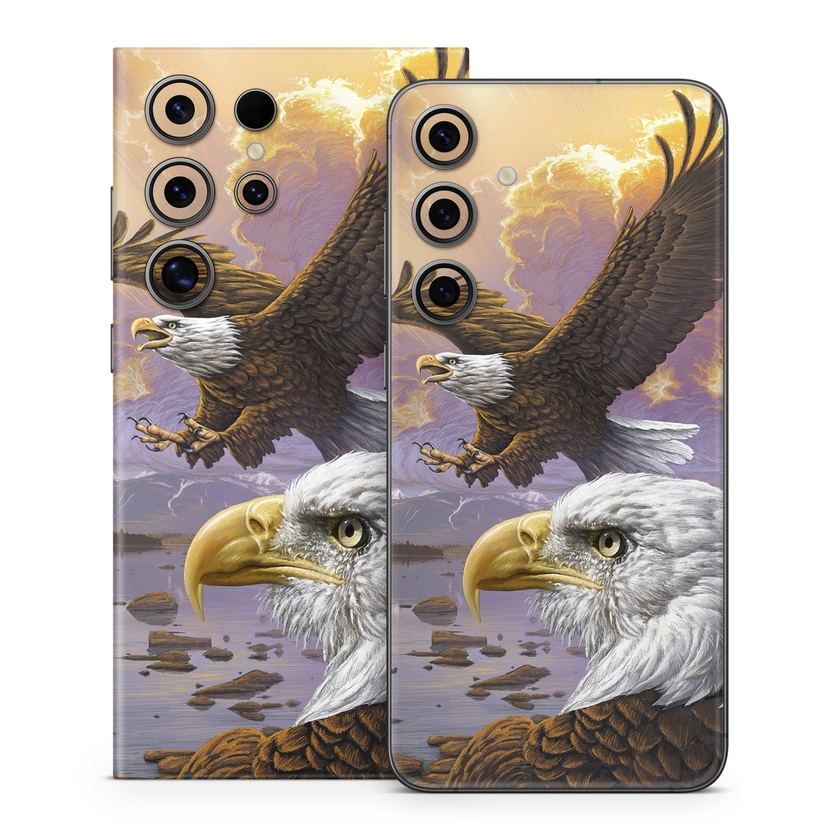 Samsung Galaxy S24 Series Skin design of Bird, Bird of prey, Bald eagle, Vertebrate, Eagle, Accipitriformes, Accipitridae, Golden eagle, Beak, Hawk, with gray, black, green, red, purple colors