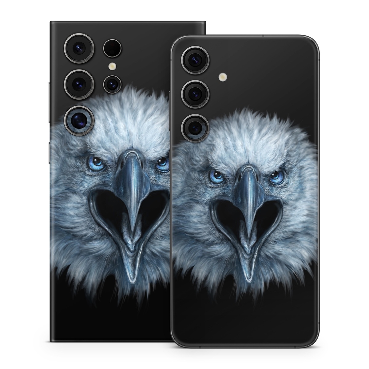 Samsung Galaxy S24 Series Skin design of Bird, Vertebrate, Bird of prey, Beak, Eagle, Wildlife, Organ, Close-up, Eye, Accipitriformes, with white, gray, black, blue colors