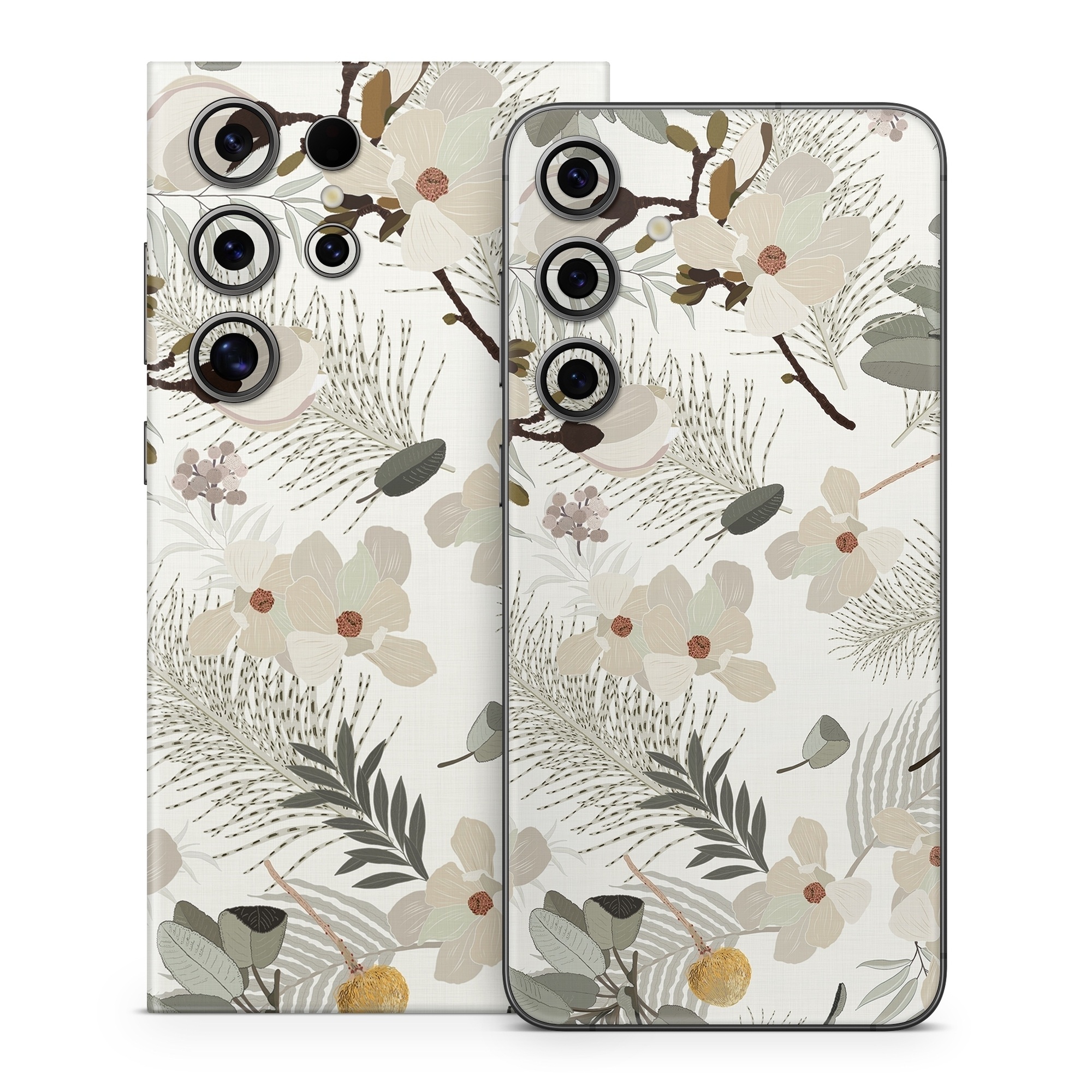 Samsung Galaxy S24 Series Skin design of Branch, Botany, Twig, Plant, Textile, Organism, Art, Creative arts, Pattern, Tints and shades, with white, green, yellow, brown, gray colors