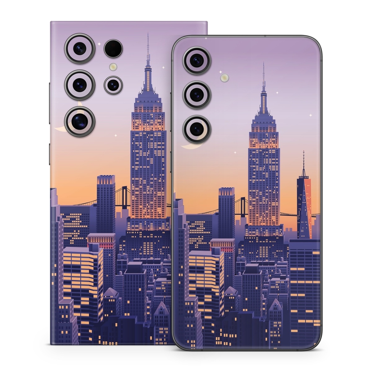 Samsung Galaxy S24 Series Skin design of Skyscraper, Building, Sky, Atmosphere, Moon, World, Nature, Tower, Afterglow, Dusk, with blue, purple, yellow, orange colors