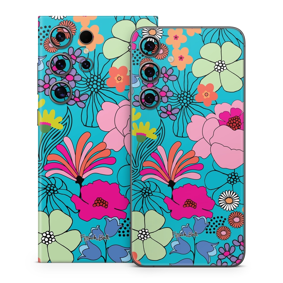 Samsung Galaxy S24 Series Skin design of Flower, Green, Azure, Nature, Botany, Petal, Blue, Textile, Pink, Art, with blue, pink, yellow, orange, red, purple, green colors