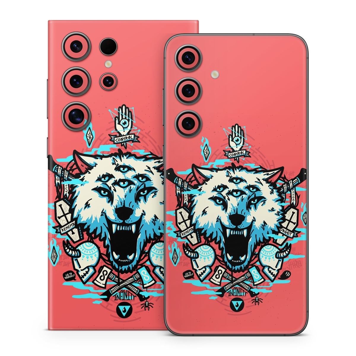 Samsung Galaxy S24 Series Skin design of Graphic design, Illustration, Crest, Logo, T-shirt, Symbol, Font, Graphics, Emblem, Pattern, with red, blue, black, gray colors