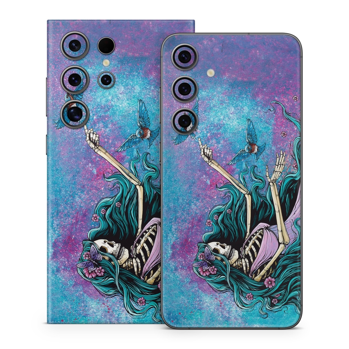 Samsung Galaxy S24 Series Skin design of Green, Purple, Painting, Paint, Art, Cg artwork, Mythical creature, Musical instrument, Graffiti, Artist, with blue, purple, white, gray, brown colors