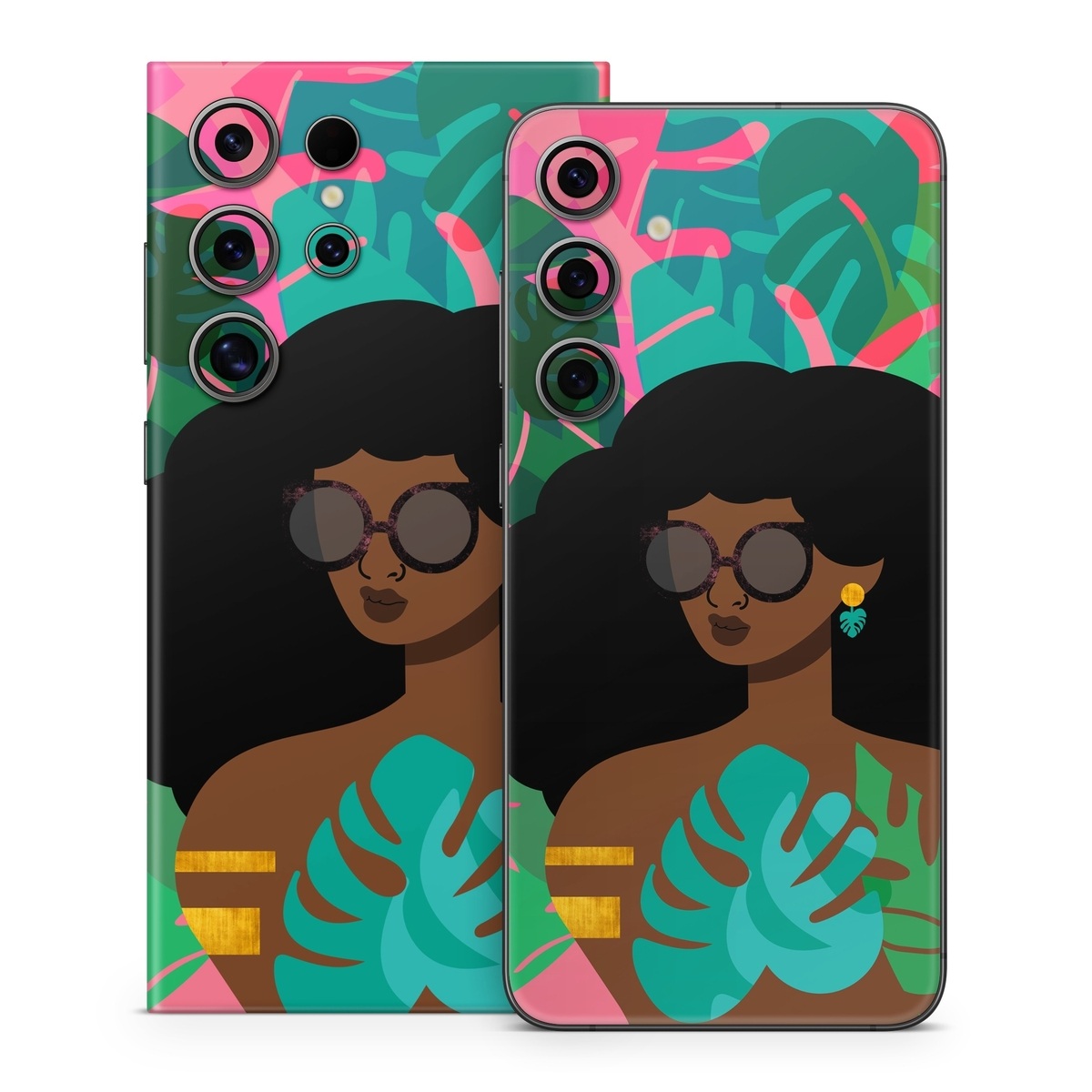 Samsung Galaxy S24 Series Skin design of Illustration, Afro, Art, Eyewear, Glasses, Graphic design, Visual arts, Graphics, Fictional character, with brown, black, green, pink, blue, yellow colors