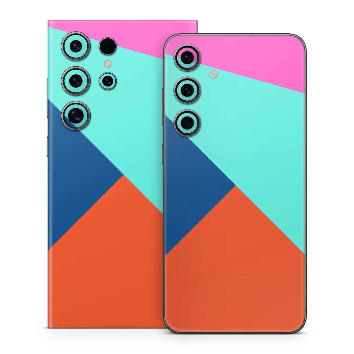 Samsung Galaxy S24 Series Skin design of Blue, Colorfulness, Turquoise, Line, Azure, Triangle, Pattern, Graphic design, Magenta, with blue, pink, orange, red colors