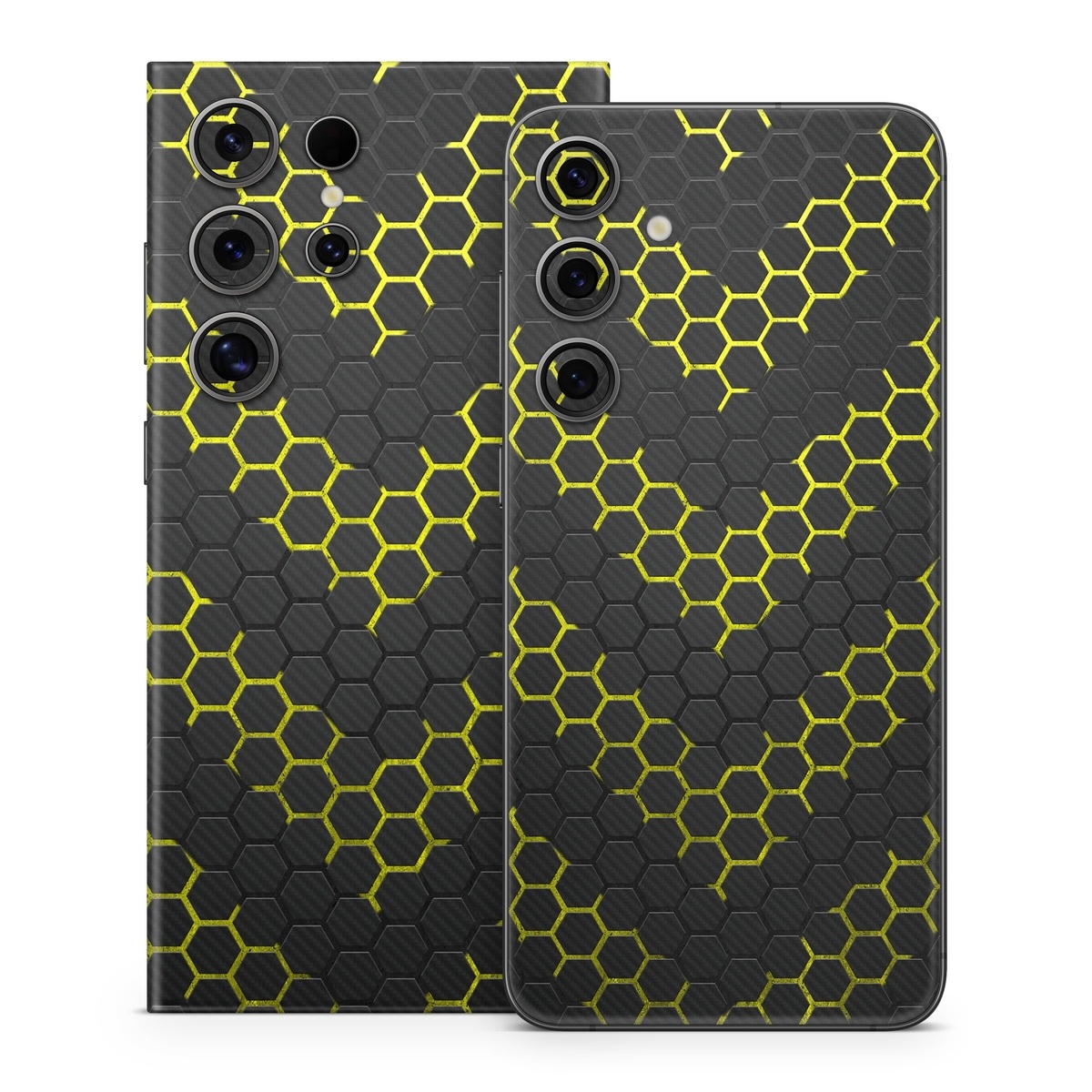 Samsung Galaxy S24 Series Skin design of Black, Pattern, Yellow, Mesh, Net, Chain-link fencing, Design, Metal, with black, gray, yellow colors