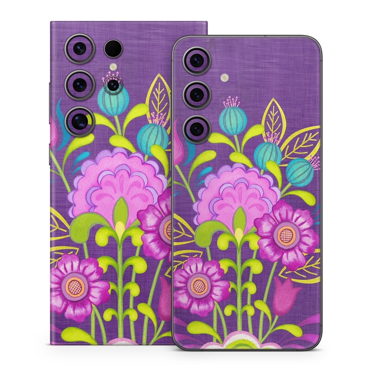 Samsung Galaxy S24 Series Skin design of Flower, Pattern, Plant, Violet, Botany, Visual arts, Design, Floral design, Art, Magenta, with blue, purple, green, gray, red colors