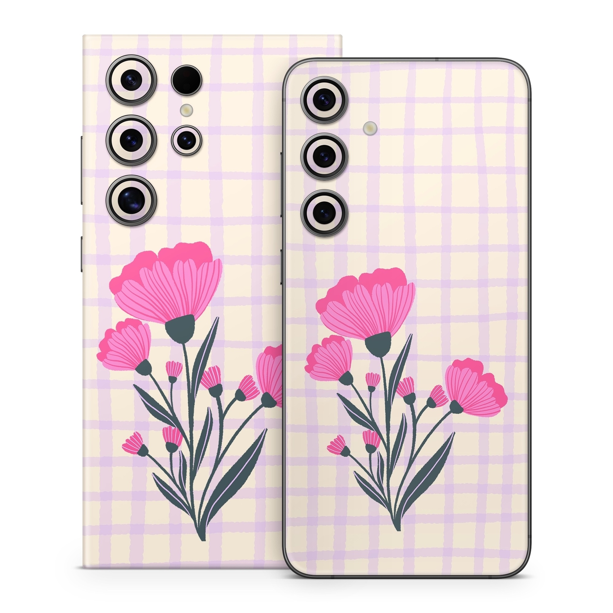 Samsung Galaxy S24 Series Skin design of Flower, Plant, Petal, Product, Dishware, Textile, Creative arts, Pink, Art, Magenta, with white, green, pink, purple colors