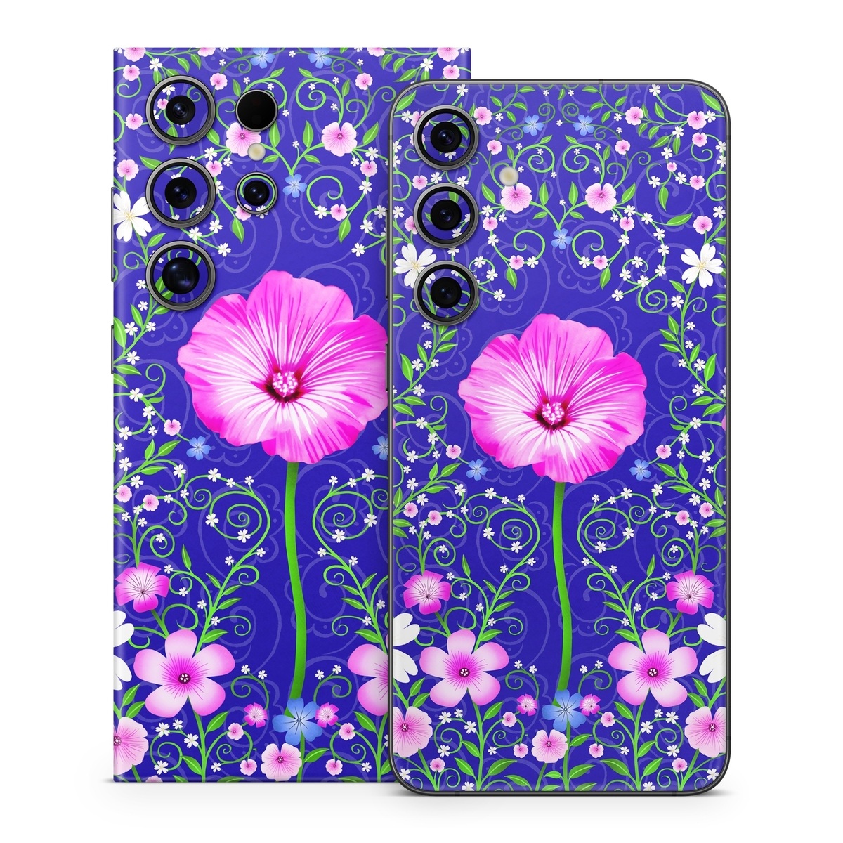 Samsung Galaxy S24 Series Skin design of Purple, Violet, Flower, Plant, Wildflower, Pattern, Petal, Design, Graphics, Morning glory, with blue, purple, pink, green, white, yellow colors