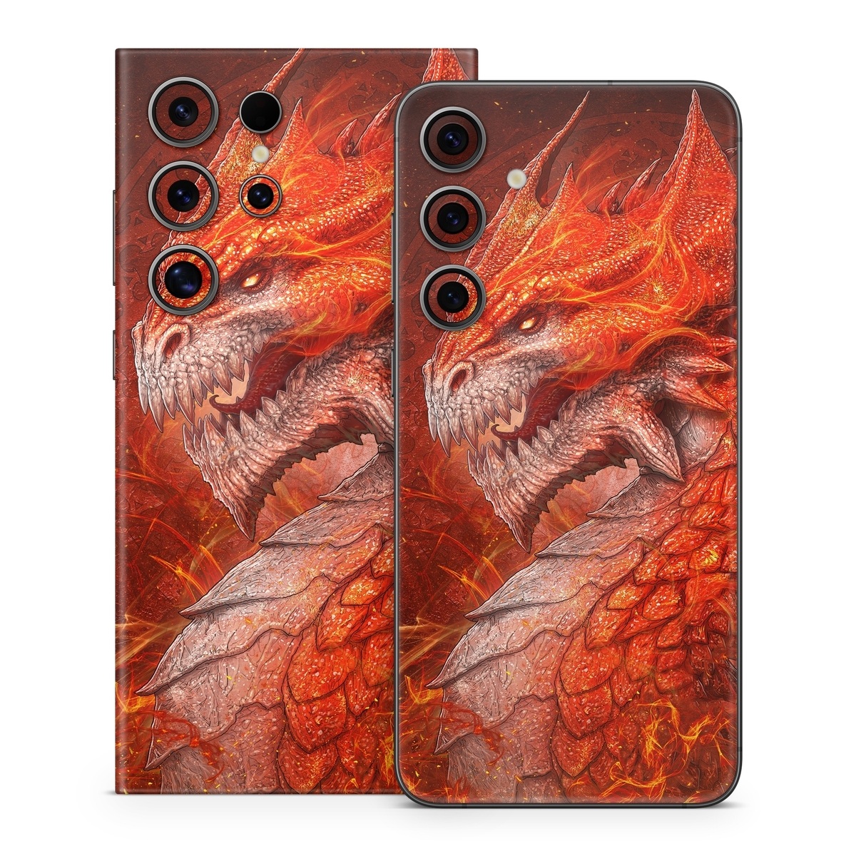 Samsung Galaxy S24 Series Skin design of Fictional character, Cg artwork, Illustration, Art, Demon, Geological phenomenon, Mythical creature, Dragon, Cryptid, with red, orange, yellow colors