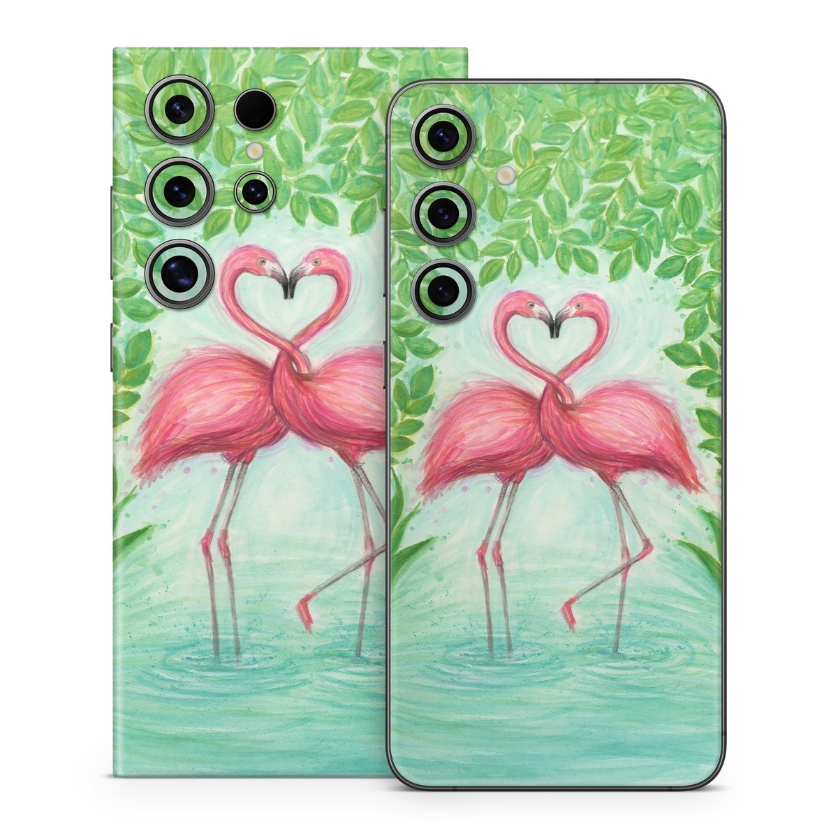 Samsung Galaxy S24 Series Skin design of Flamingo, Greater flamingo, Bird, Water bird, Pink, Illustration, Watercolor paint, Organism, Drawing, Stork, with pink, blue, green colors