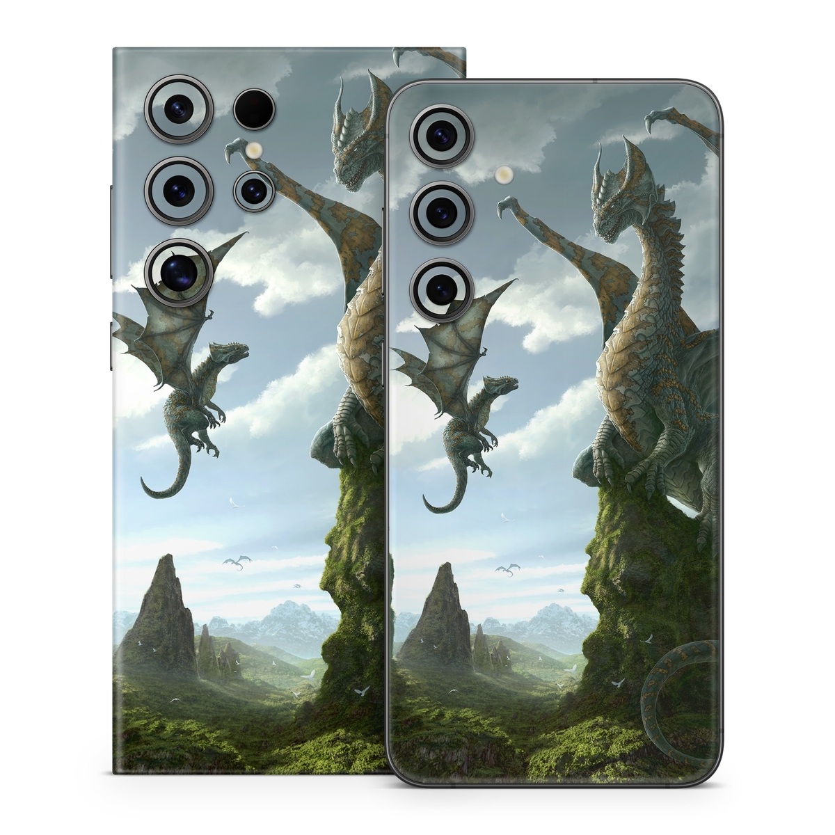 Samsung Galaxy S24 Series Skin design of Dragon, Cg artwork, Fictional character, Mythical creature, Mythology, Extinction, Cryptid, Illustration, Games, Massively multiplayer online role-playing game, with black, gray, blue, white, purple colors