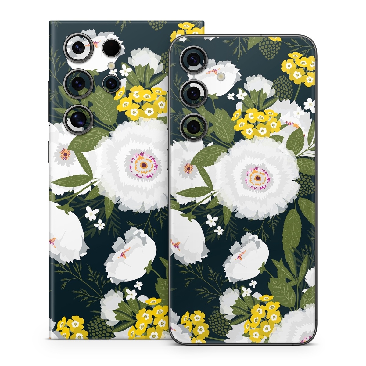 Samsung Galaxy S24 Series Skin design of Flower, Flowering plant, Plant, Petal, Daisy, mayweed, Wildflower, Floral design, Annual plant, with green, yellow, white, orange colors
