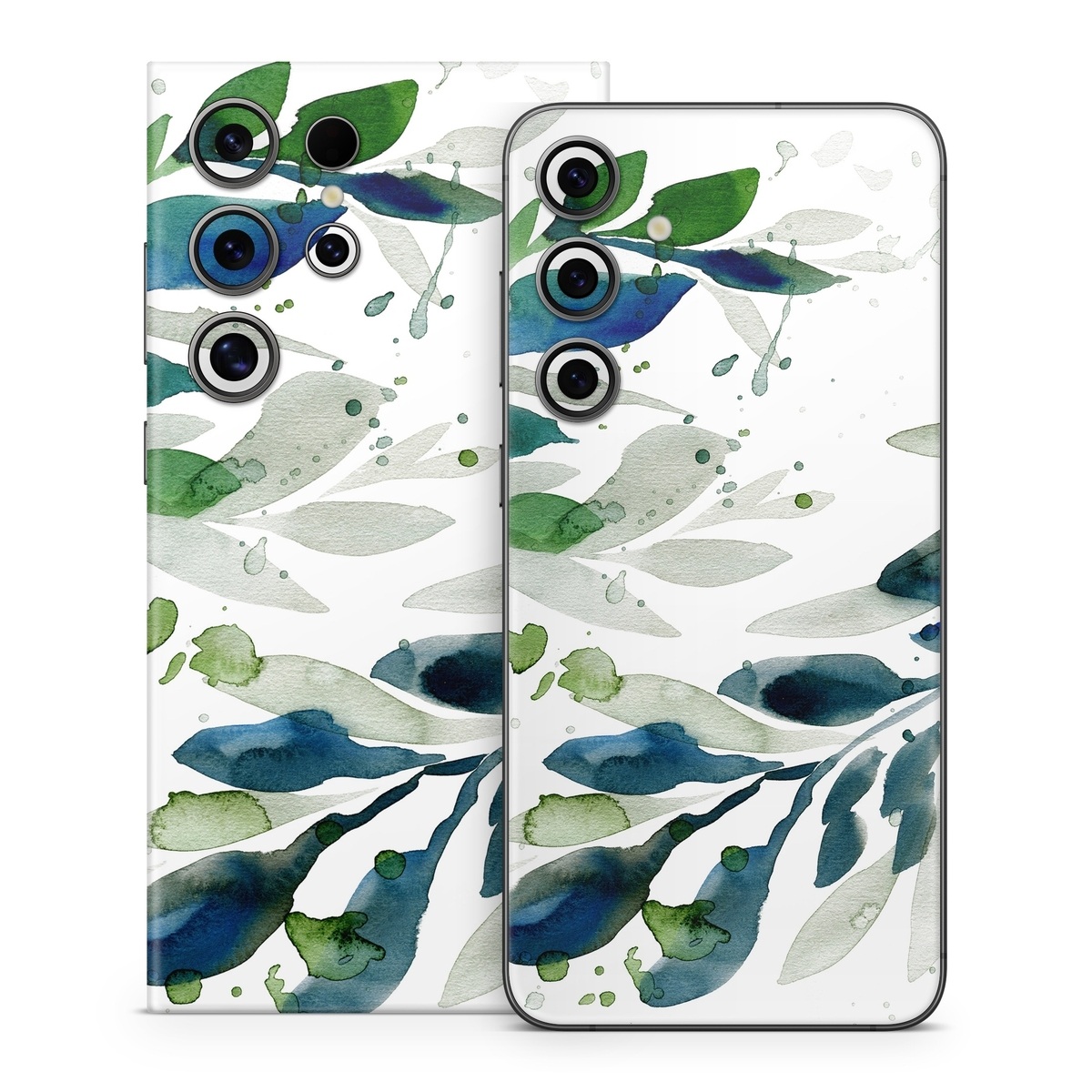 Samsung Galaxy S24 Series Skin design of Leaf, Branch, Plant, Tree, Botany, Flower, Design, Eucalyptus, Pattern, Watercolor paint, with white, blue, green, gray colors