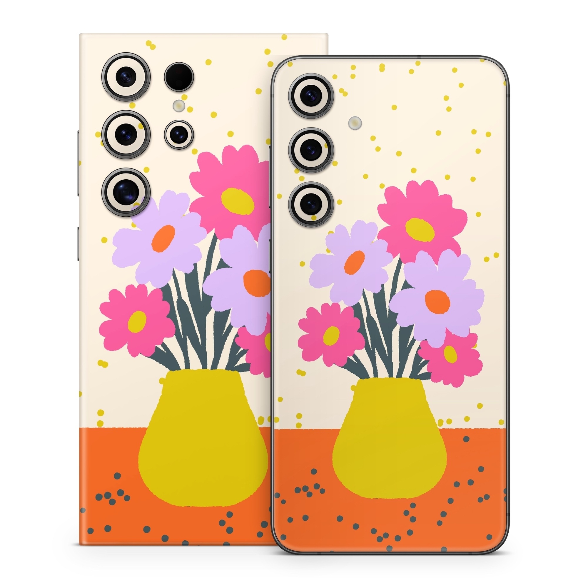 Samsung Galaxy S24 Series Skin design of Flower, Plant, Vase, Flowerpot, Petal, Happy, People in nature, Liquid, Font, Art, with white, orange, pink, purple, yellow colors