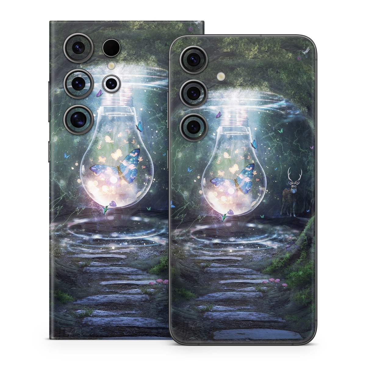 Samsung Galaxy S24 Series Skin design of Nature, Green, Darkness, Natural environment, Light, Infrastructure, Tunnel, Tree, Forest, Art, with white, black, brown, green, blue, yellow colors