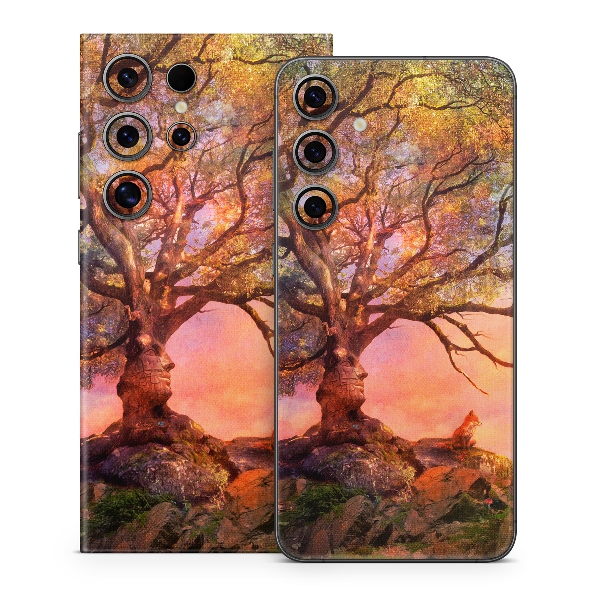 Samsung Galaxy S24 Series Skin design of Nature, Tree, Sky, Natural landscape, Branch, Leaf, Woody plant, Trunk, Landscape, Plant, with pink, red, black, green, gray, orange colors