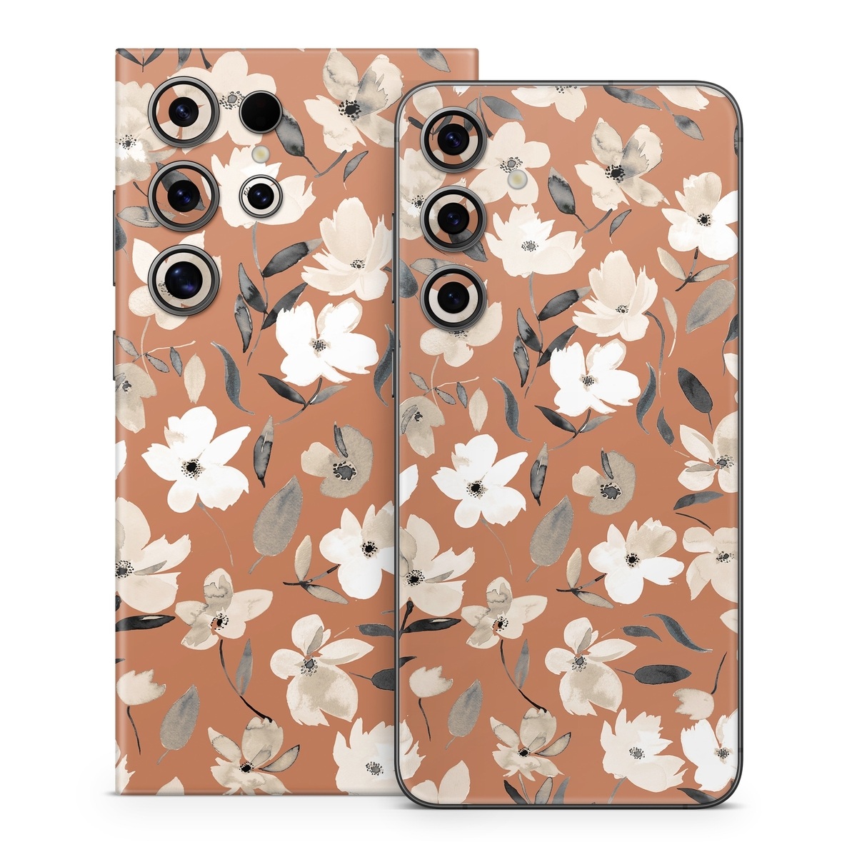 Samsung Galaxy S24 Series Skin design of Flower, Plant, Textile, Botany, Petal, Gesture, Line, Font, Groundcover, Art, with brown, white, gray, black colors