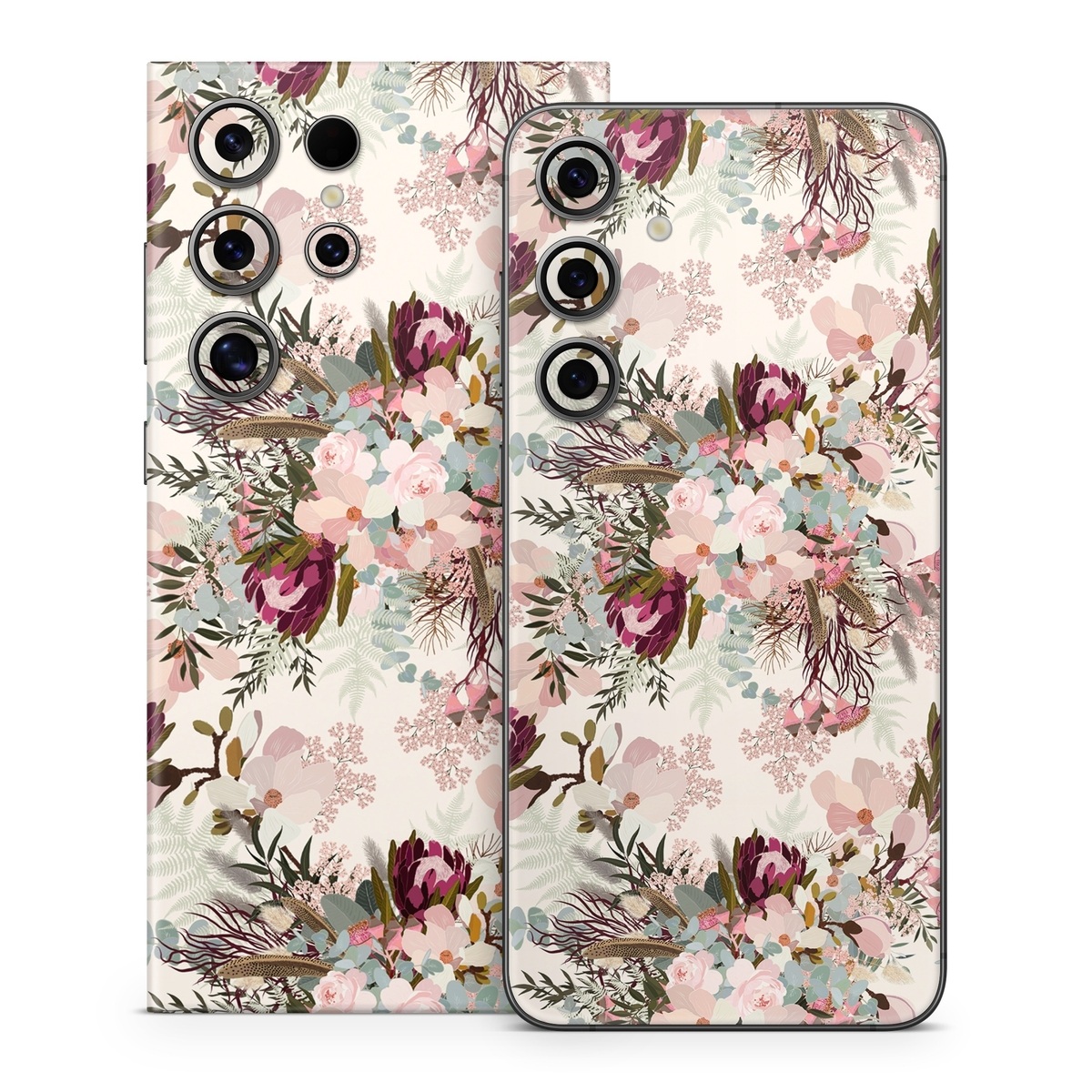 Samsung Galaxy S24 Series Skin design of Pink, Pattern, Lilac, Flower, Plant, Petal, Floral design, Textile, Design, Blossom, with white, red, pink, blue, brown colors