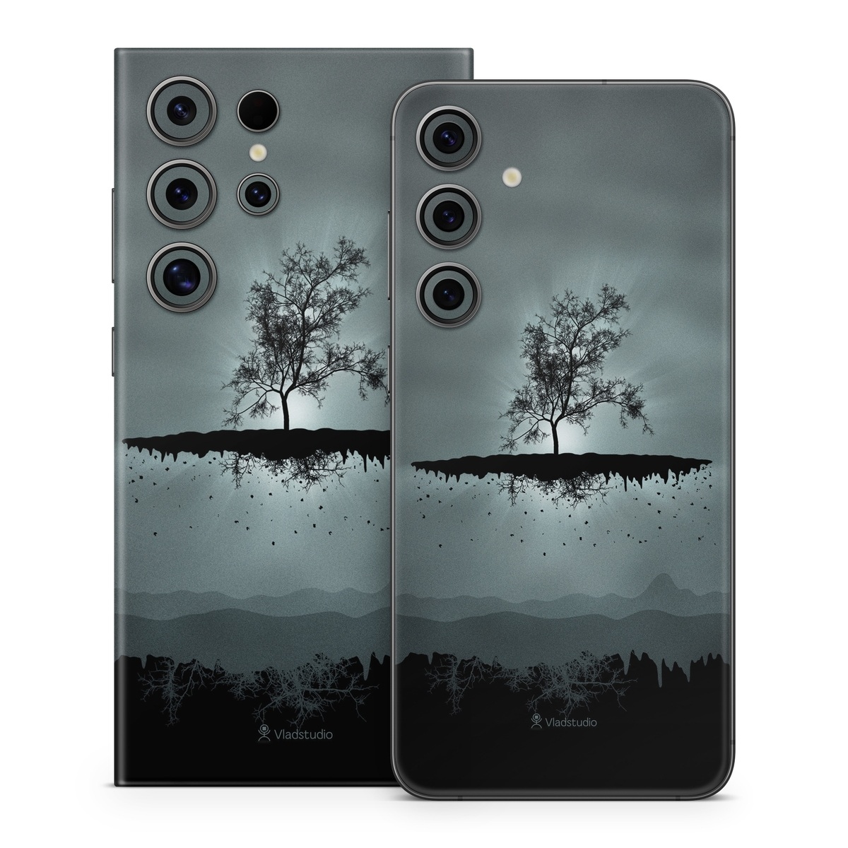 Samsung Galaxy S24 Series Skin design of Reflection, Sky, Nature, Water, Black, Tree, Black-and-white, Monochrome photography, Natural landscape, Atmospheric phenomenon, with black, gray, blue colors