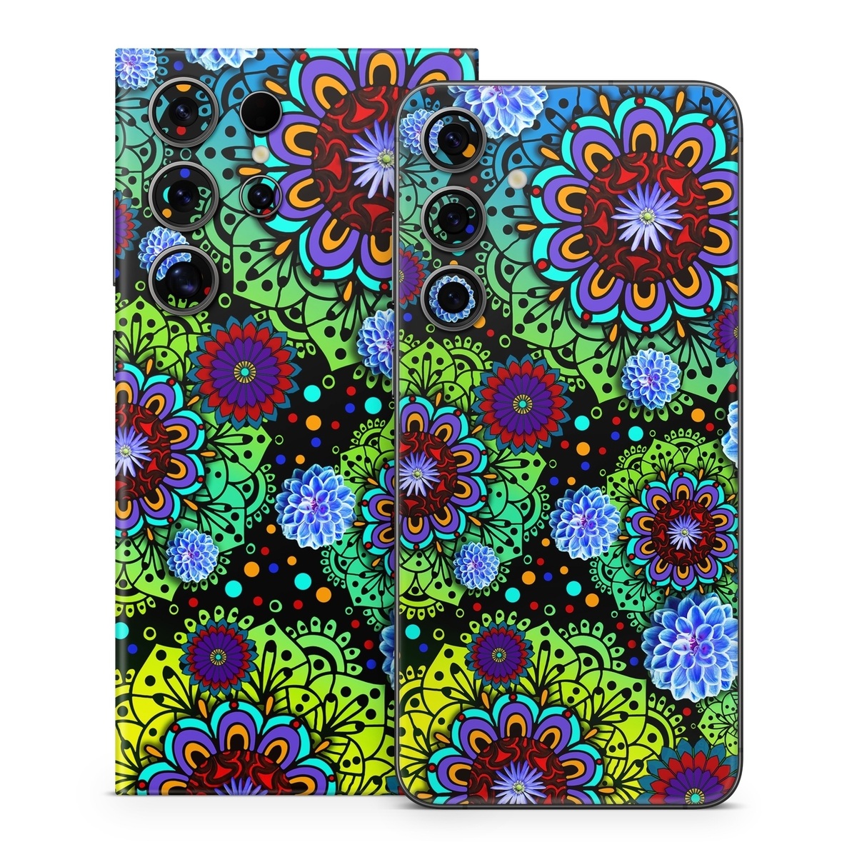Samsung Galaxy S24 Series Skin design of Pattern, Psychedelic art, Design, Flower, Art, Visual arts, Floral design, Plant, Textile, Symmetry, with black, blue, green, purple colors