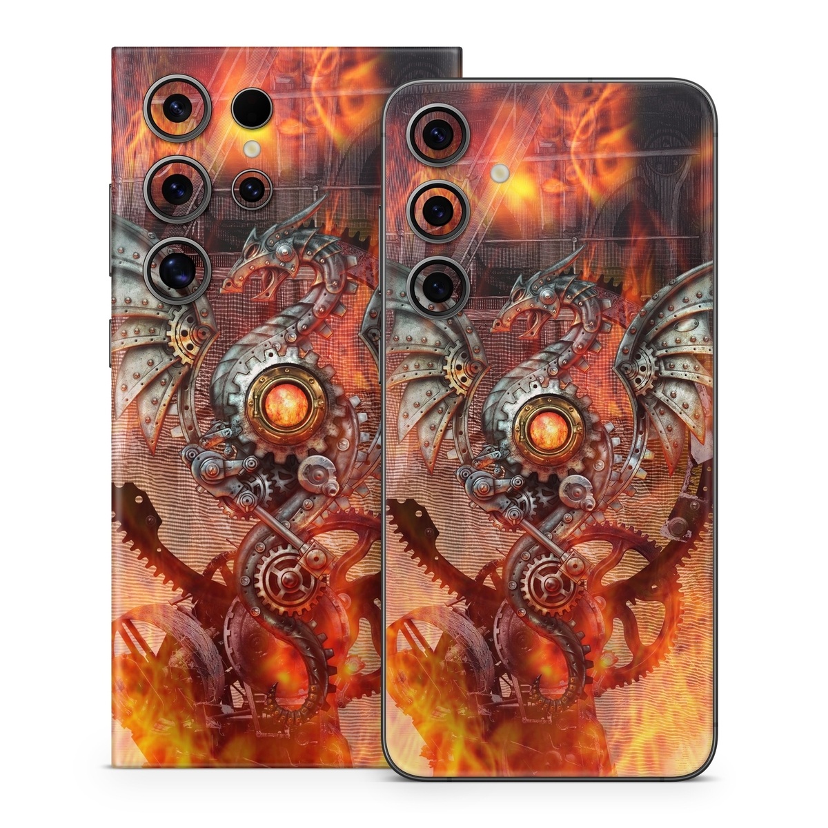 Samsung Galaxy S24 Series Skin design of Dragon, Demon, Cg artwork, Illustration, Fictional character, Fractal art, Flame, Art, Mythology, Supernatural creature, with red, black, orange, pink, green colors