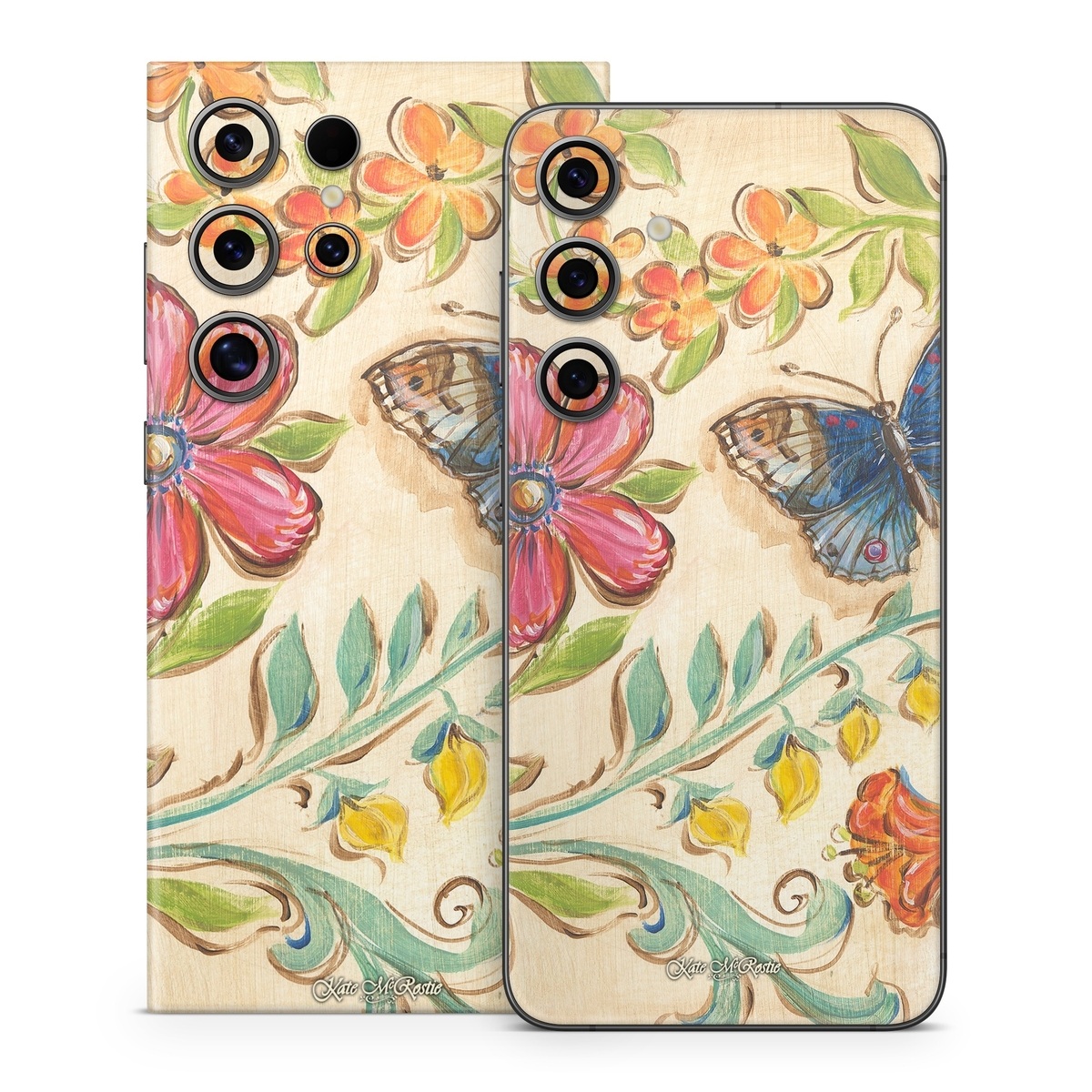 Samsung Galaxy S24 Series Skin design of Butterfly, Moths and butterflies, Insect, Pollinator, Plant, Pattern, Watercolor paint, Wildflower, Visual arts, Brush-footed butterfly, with gray, pink, green, red, orange, blue colors