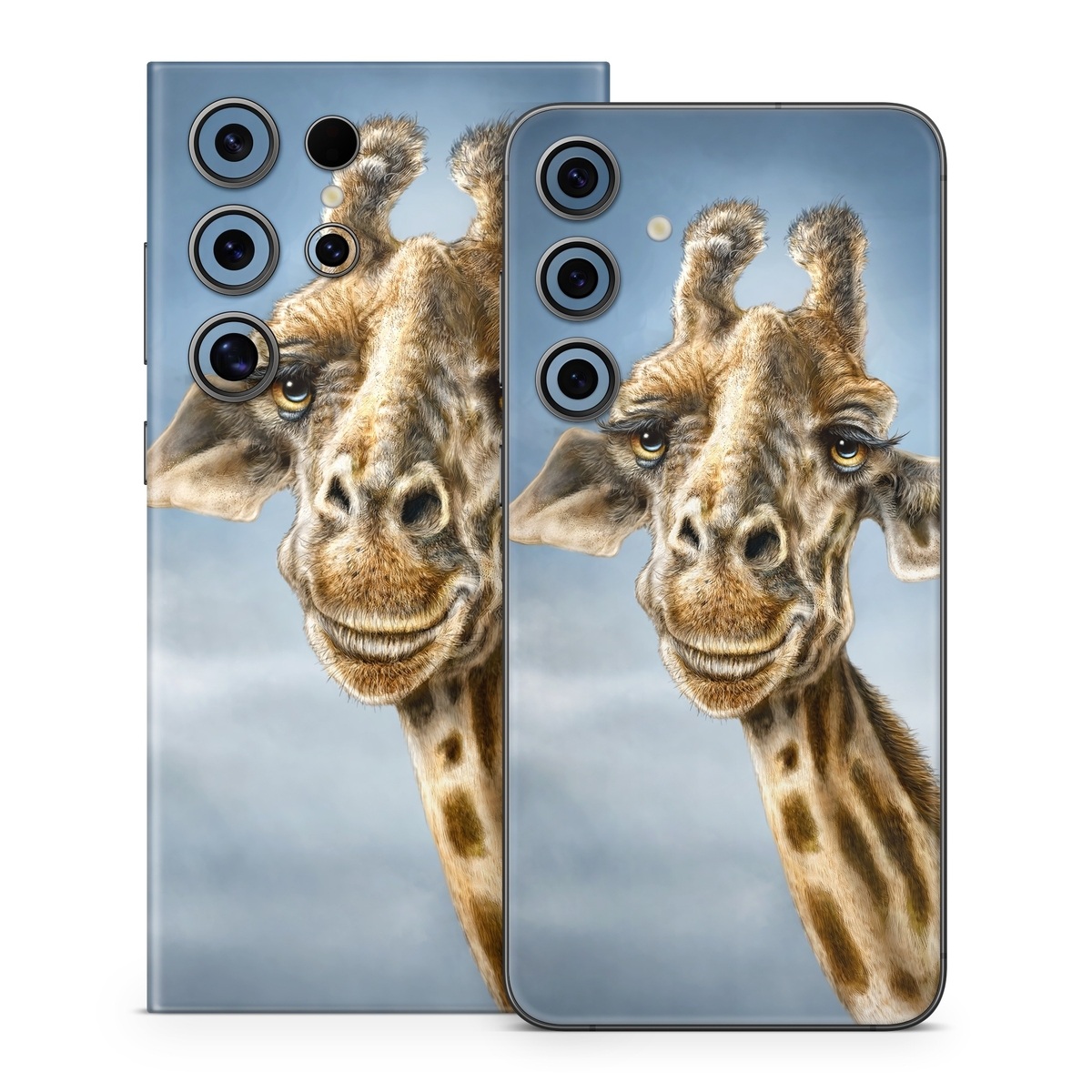 Samsung Galaxy S24 Series Skin design of Giraffe, Giraffidae, Terrestrial animal, Wildlife, Head, Snout, Organism, Adaptation, Close-up, Neck, with gray, black, blue, green colors