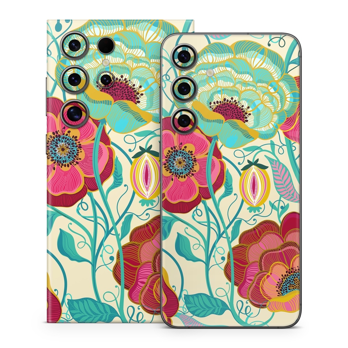 Samsung Galaxy S24 Series Skin design of Plant, Botany, Textile, Pink, Creative arts, Petal, Magenta, Art, Pattern, Rectangle, with white, red, pink, yellow, green, blue, black colors