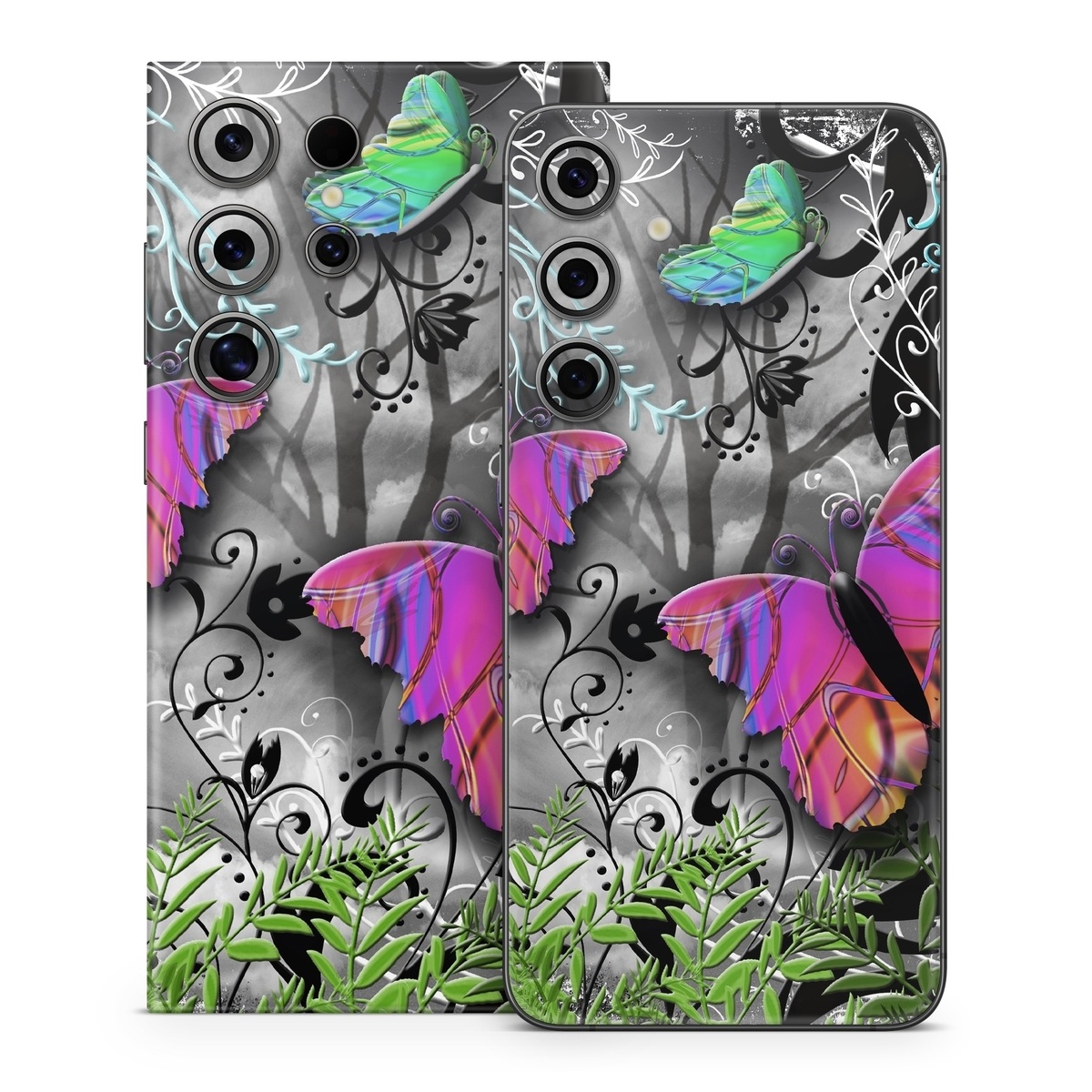 Samsung Galaxy S24 Series Skin design of Butterfly, Pink, Purple, Violet, Organism, Spring, Moths and butterflies, Botany, Plant, Leaf, with black, gray, green, purple, red colors