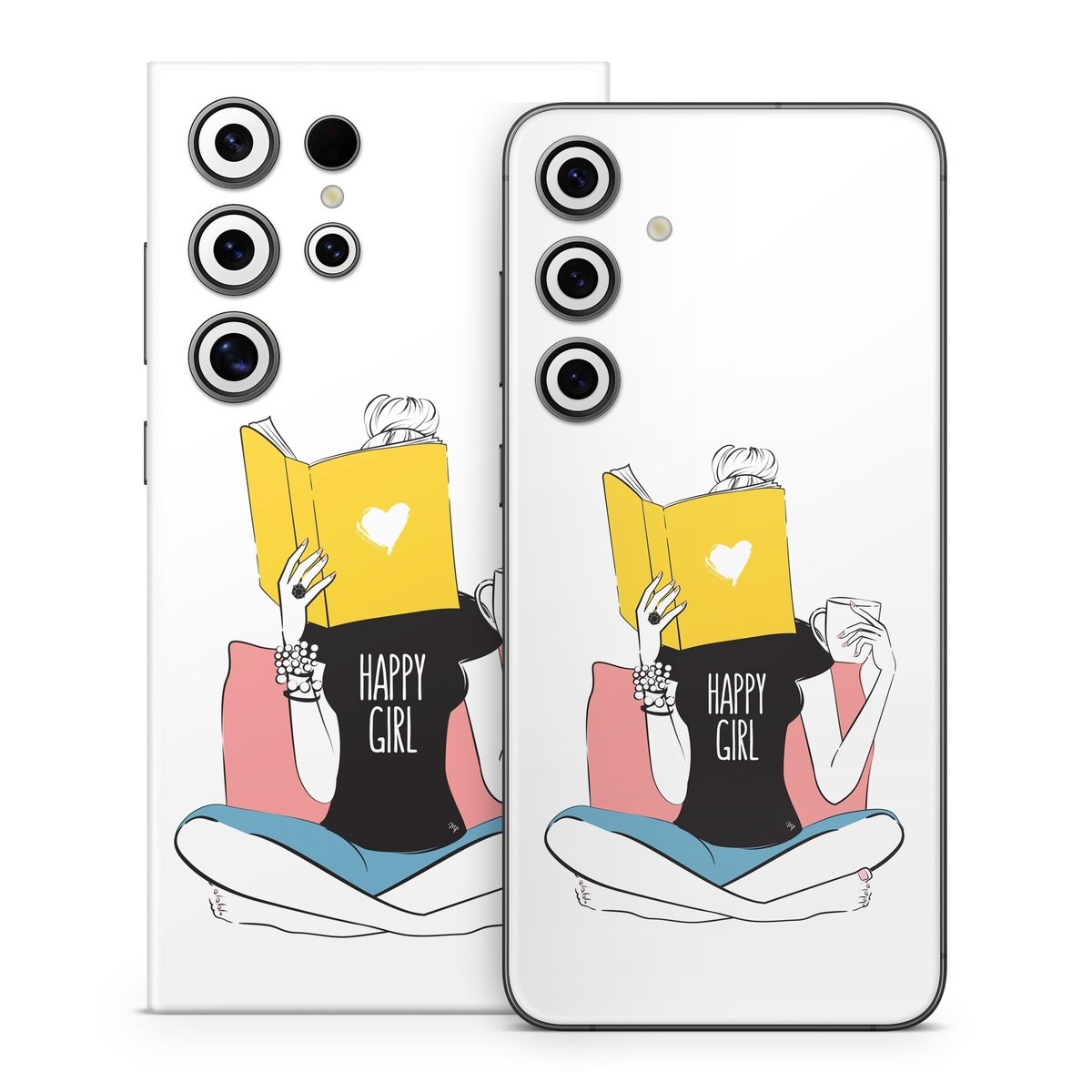 Samsung Galaxy S24 Series Skin design of White, Sleeve, Gesture, Cartoon, Comfort, Elbow, Font, Graphics, Knee, Art, with white, black, blue, pink, yellow colors
