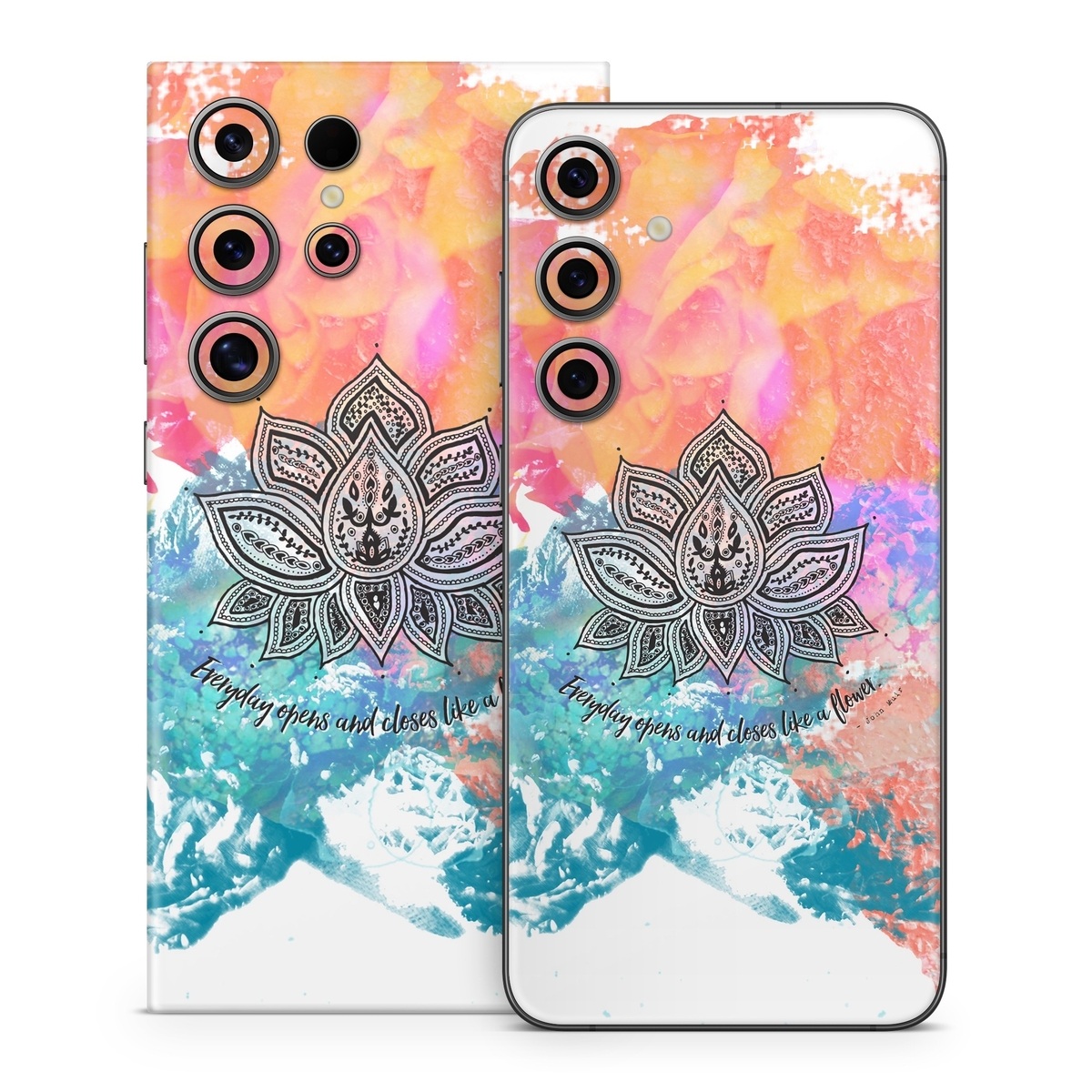 Samsung Galaxy S24 Series Skin design of Pink, Leaf, Pattern, Design, Graphic design, Illustration, Symmetry, Visual arts, Art, Plant, with orange, yellow, red, blue, green, black colors
