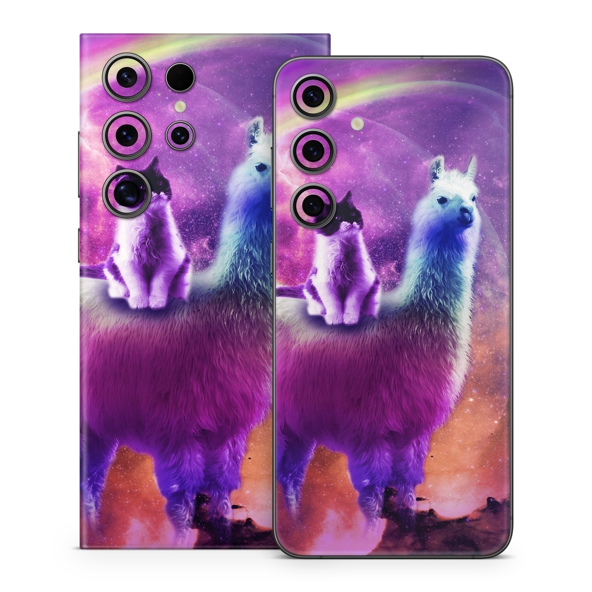 Samsung Galaxy S24 Series Skin design of Llama, Purple, Camelid, Alpaca, Sky, Livestock, Space, with purple, white, blue, pink, yellow, black colors
