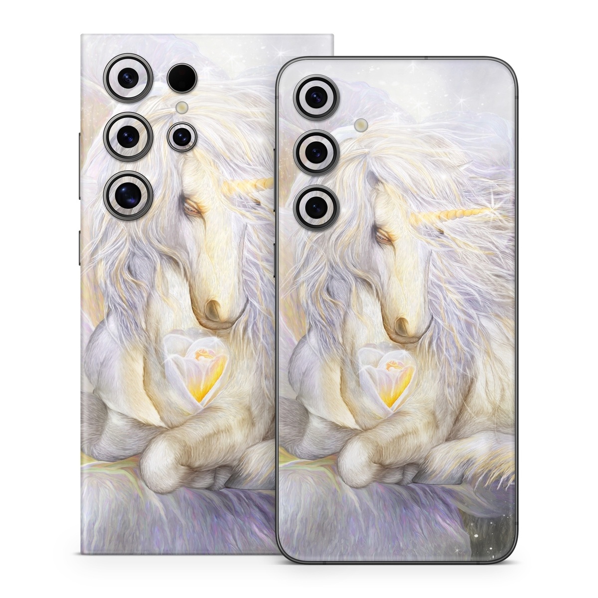 Samsung Galaxy S24 Series Skin design of Fictional character, Mythical creature, Unicorn, Sky, Mythology, Supernatural creature, Illustration, with gray, black, green, pink, blue colors