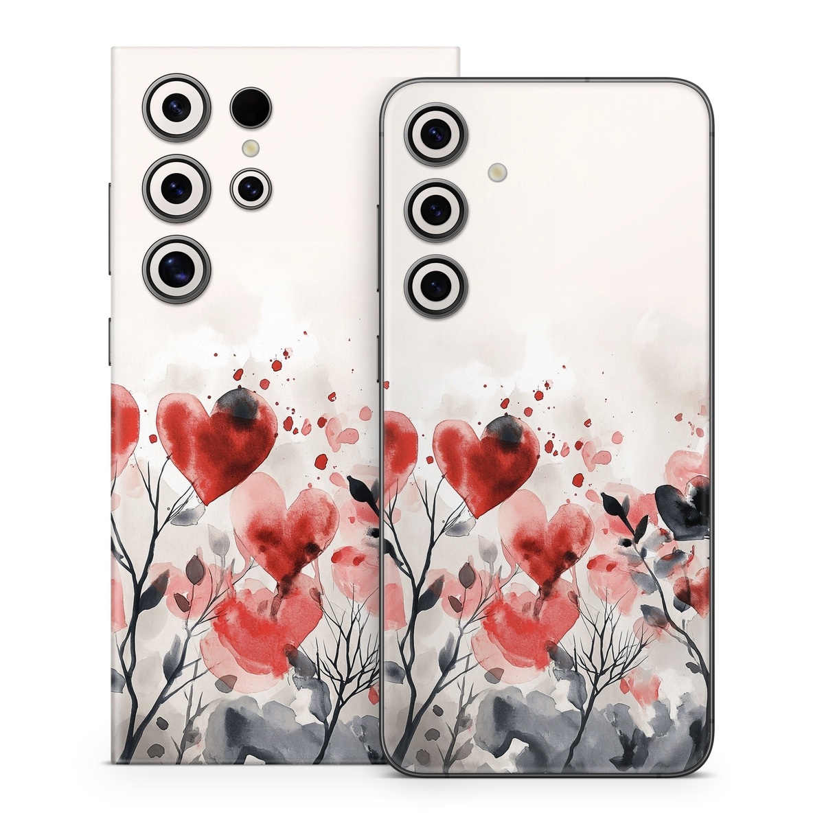 Samsung Galaxy S24 Series Skin design of Flower, Plant, Petal, Sky, Natural landscape, Twig, Tree, Art, Painting, Flowering plant, with white, black, gray, red, pink colors