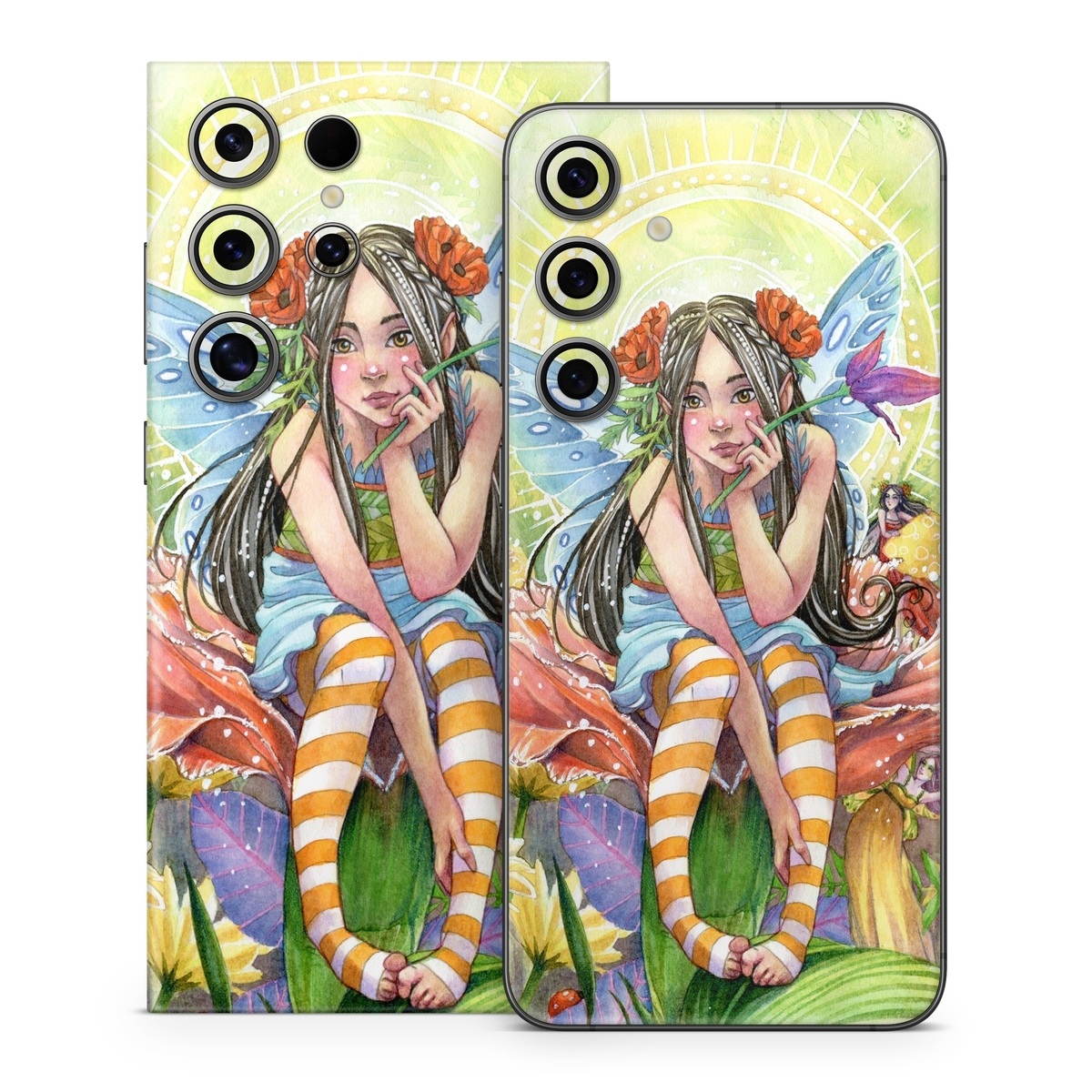 Samsung Galaxy S24 Series Skin design of Fictional character, Illustration, Art, Plant, Painting, Wildflower, Mythical creature, with gray, green, black, yellow, red colors