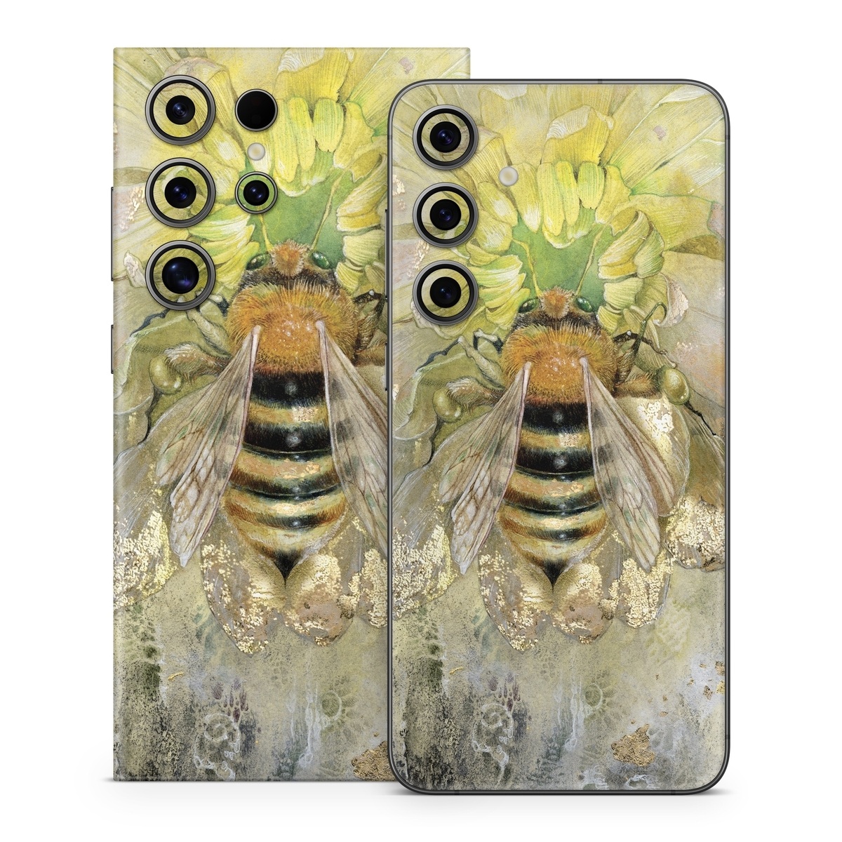 Samsung Galaxy S24 Series Skin design of Honeybee, Insect, Bee, Membrane-winged insect, Invertebrate, Pest, Watercolor paint, Pollinator, Illustration, Organism, with yellow, orange, black, green, gray, pink colors