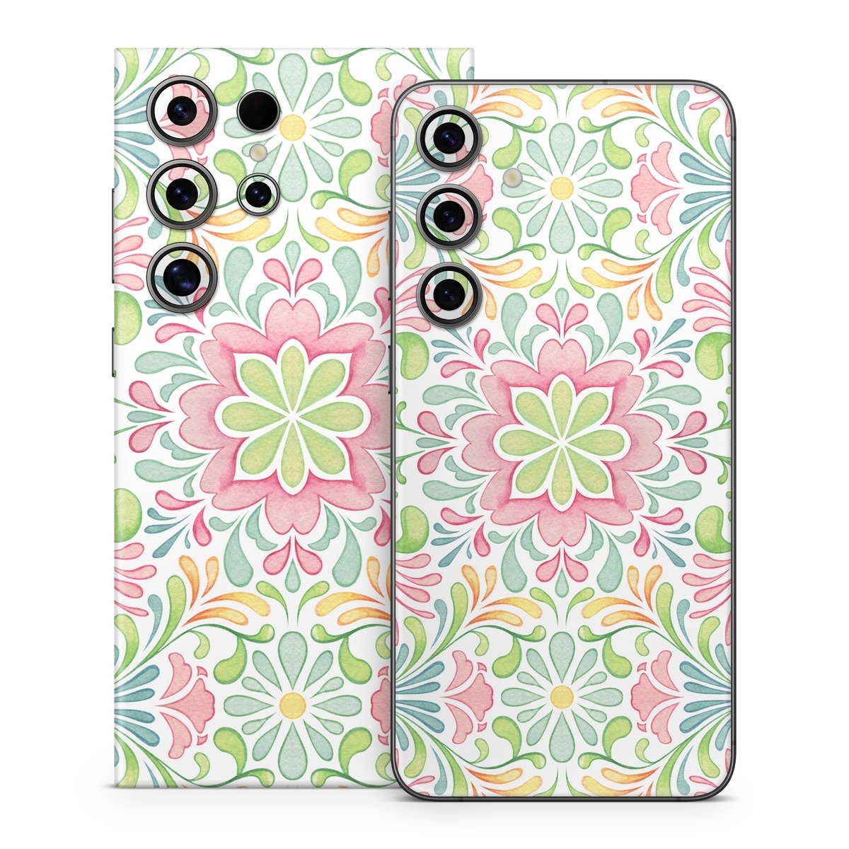 Samsung Galaxy S24 Series Skin design of Pattern, Pink, Visual arts, Design, Textile, Wrapping paper, Symmetry, Floral design, Motif, with gray, white, pink, green colors