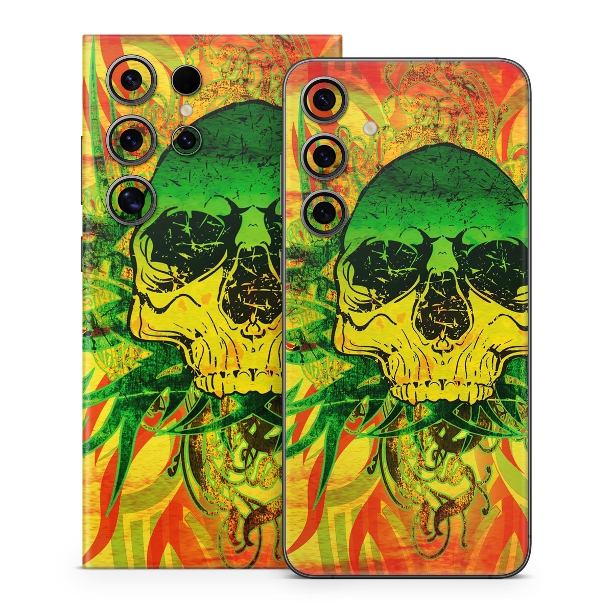 Samsung Galaxy S24 Series Skin design of Psychedelic art, Skull, Illustration, Bone, Art, Graphic design, Visual arts, Poster, Plant, Painting, with green, orange, black, red colors