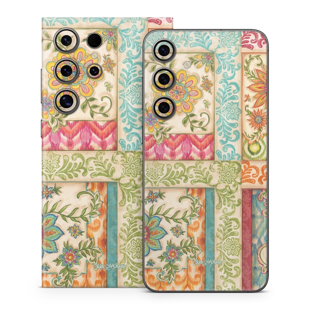 Samsung Galaxy S24 Series Skin design of Flower, Rectangle, Plant, Botany, Textile, Aqua, Art, Pattern, Symmetry, Motif, with red, orange, green, blue, pink, yellow colors